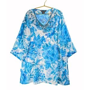 Double Decker XL Blue Floral Vibrant Beaded & Sequined V Neck Tunic Top XL Rayon